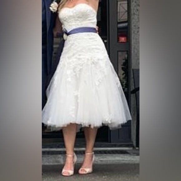 Oleg Cassini CWG873 Tea Length Strapless Floral Lace And Tulle Beaded Bodice - Picture 1 of 16